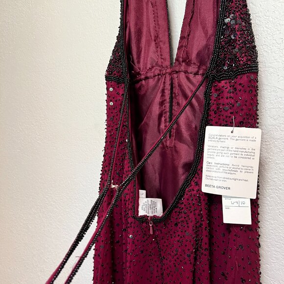 NWT SCALA Sequined Evening Beaded Halter Silk Burgundy Maxi Prom Dress L 9-10 - Picture 15 of 15